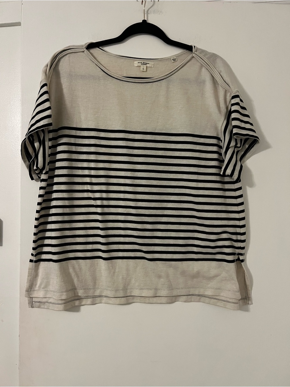 Max Studio Striped Short Sleeve Knit Top - Black & Cream size L